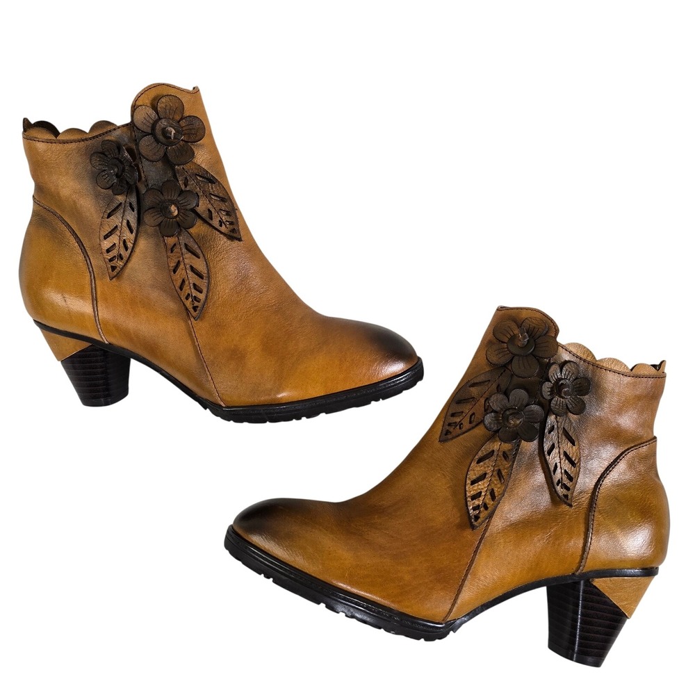Metcandy Tan Leather Floral Applique Ankle Boots Scalloped Faux Fur Size 40